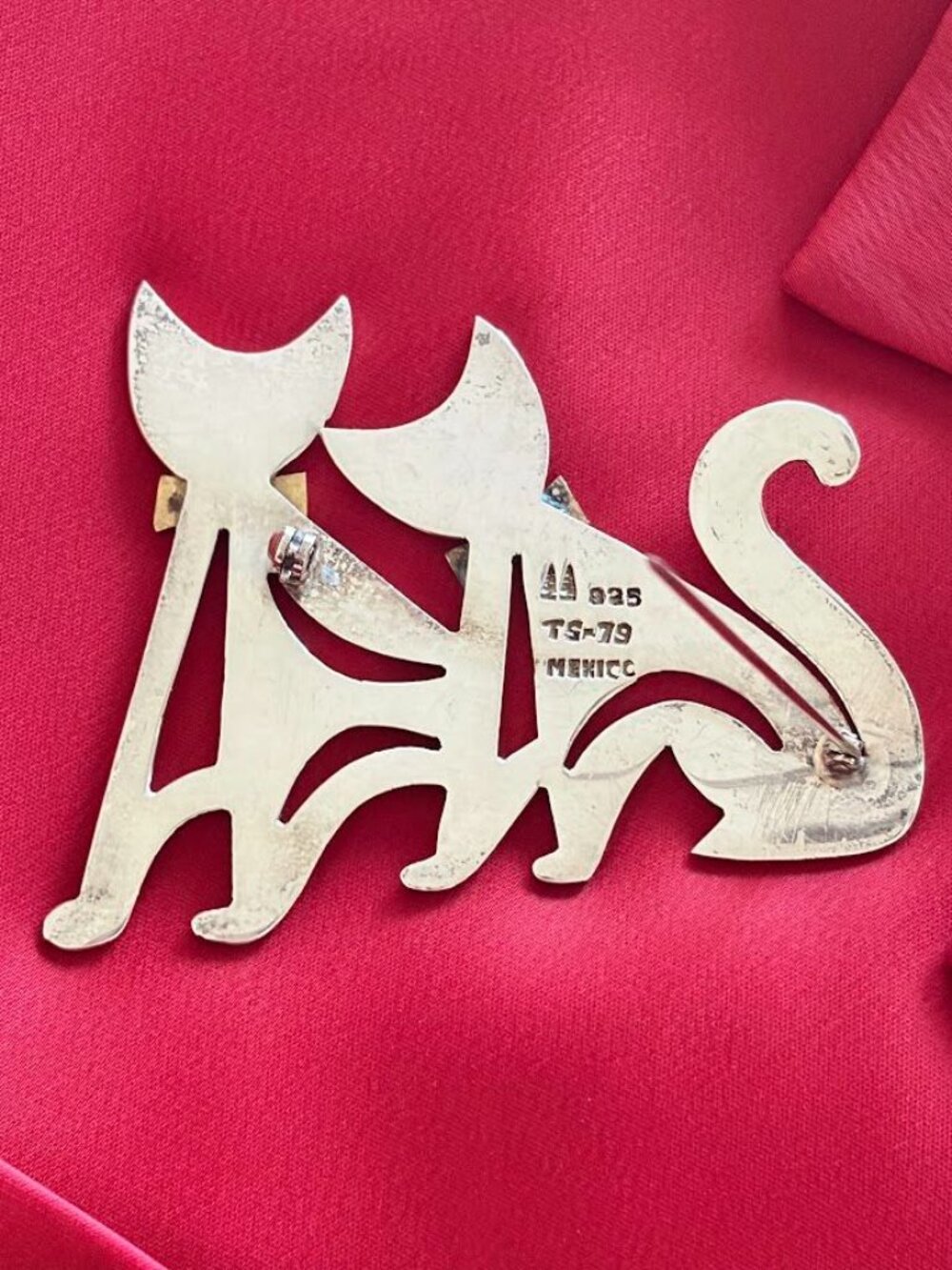 Vintage Taxco Two Trees Sterling Silver Cat Brooch Mexico Juan Sandoval Vázquez - Picture 3 of 8